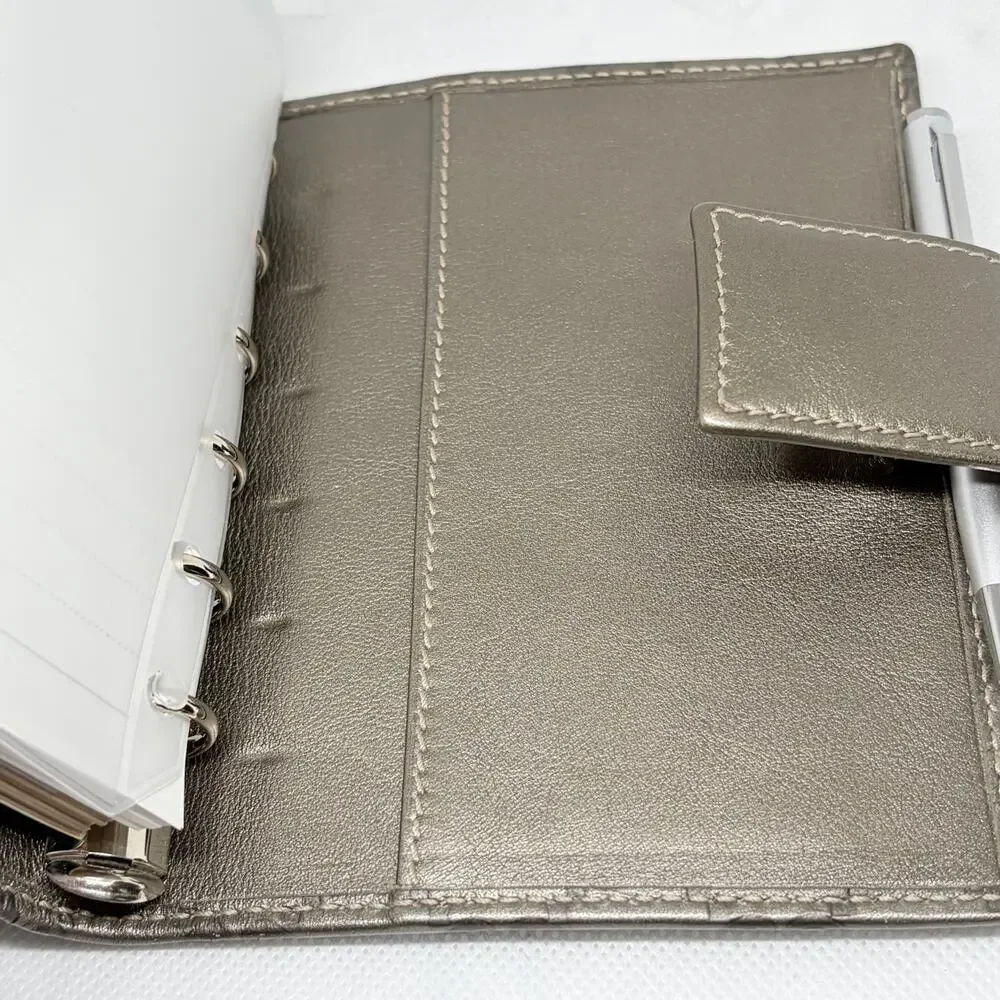 Gucci Guccissima Bronze Pewter Leather 6-Ring Agenda Planner w/ Pen & Pouch
